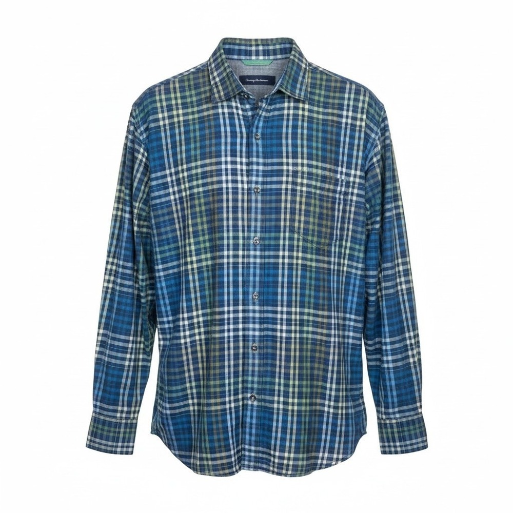 Tommy Bahama Mens XL Blue Green Plaid Long Sleeve Cotton Button Front Shirt‎
